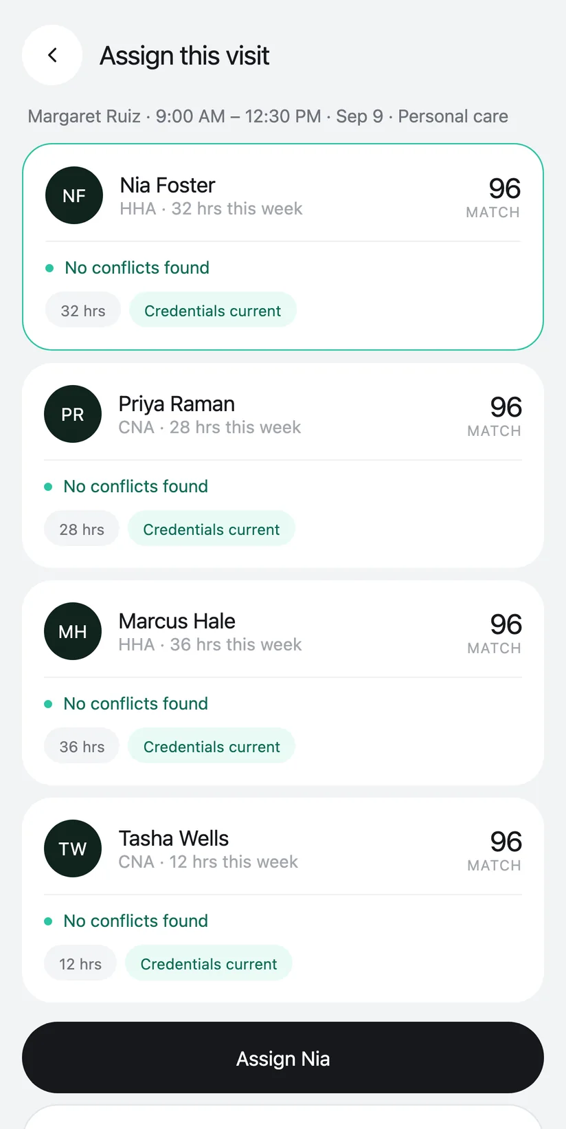 Hailo Agency mobile app filling an uncovered visit with a ranked list of available caregivers