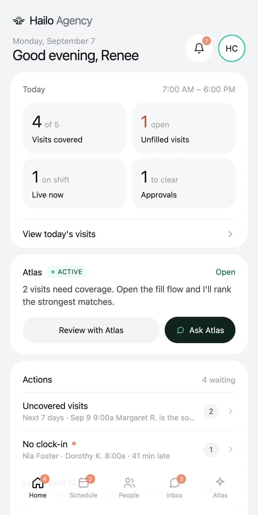 Hailo Agency mobile app home screen with today's visits, uncovered shifts, and late alerts