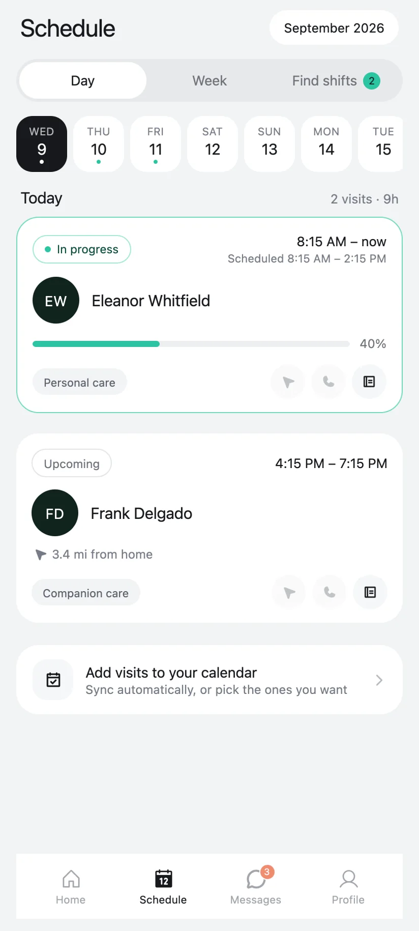 Hailo Caregiver app schedule with the week's shifts