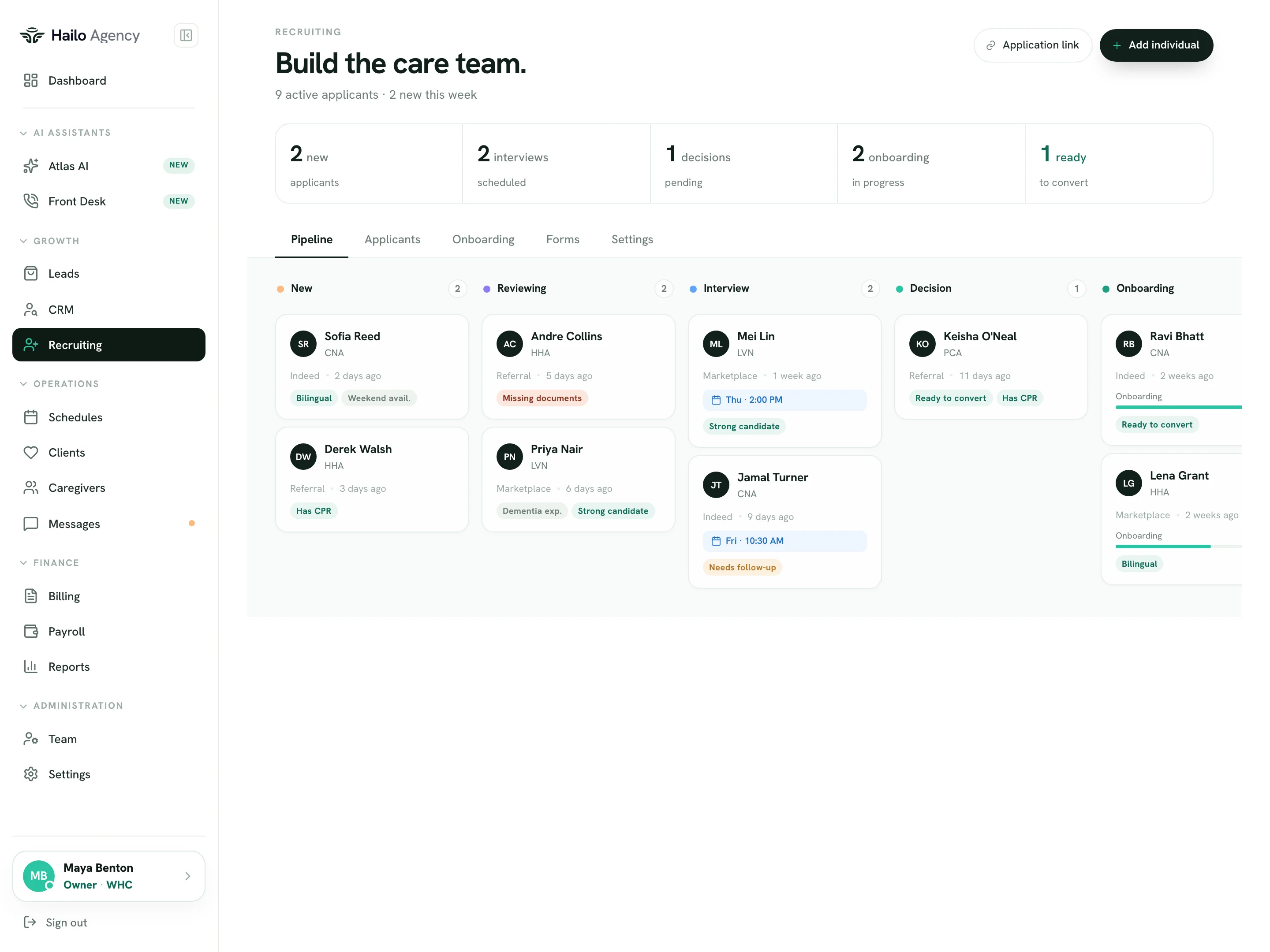 Hailo recruiting pipeline with applicants moving from reviewing to interview, decision, and onboarding