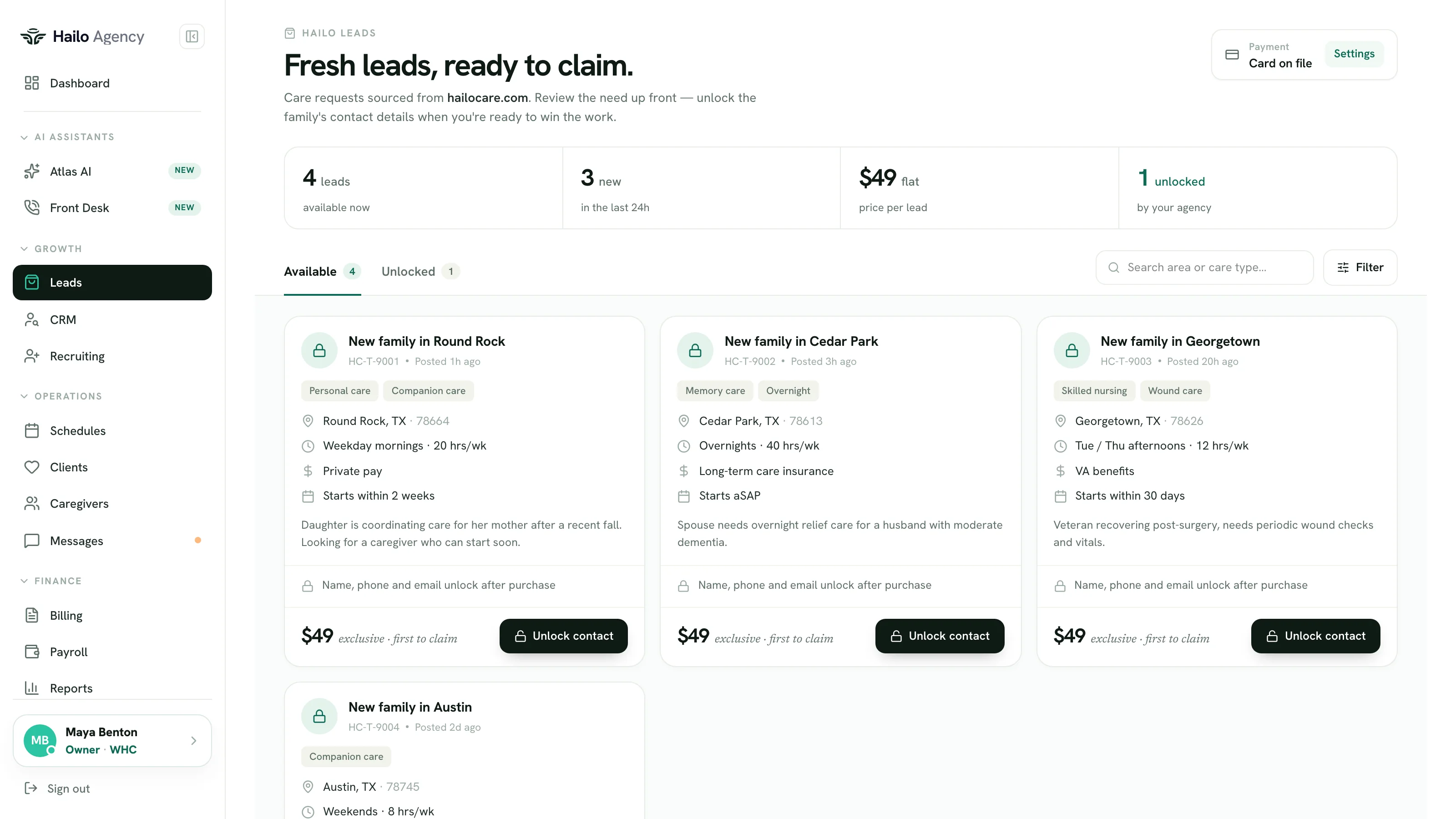 Hailo Leads page listing available client leads in the agency's service area with care needs and location