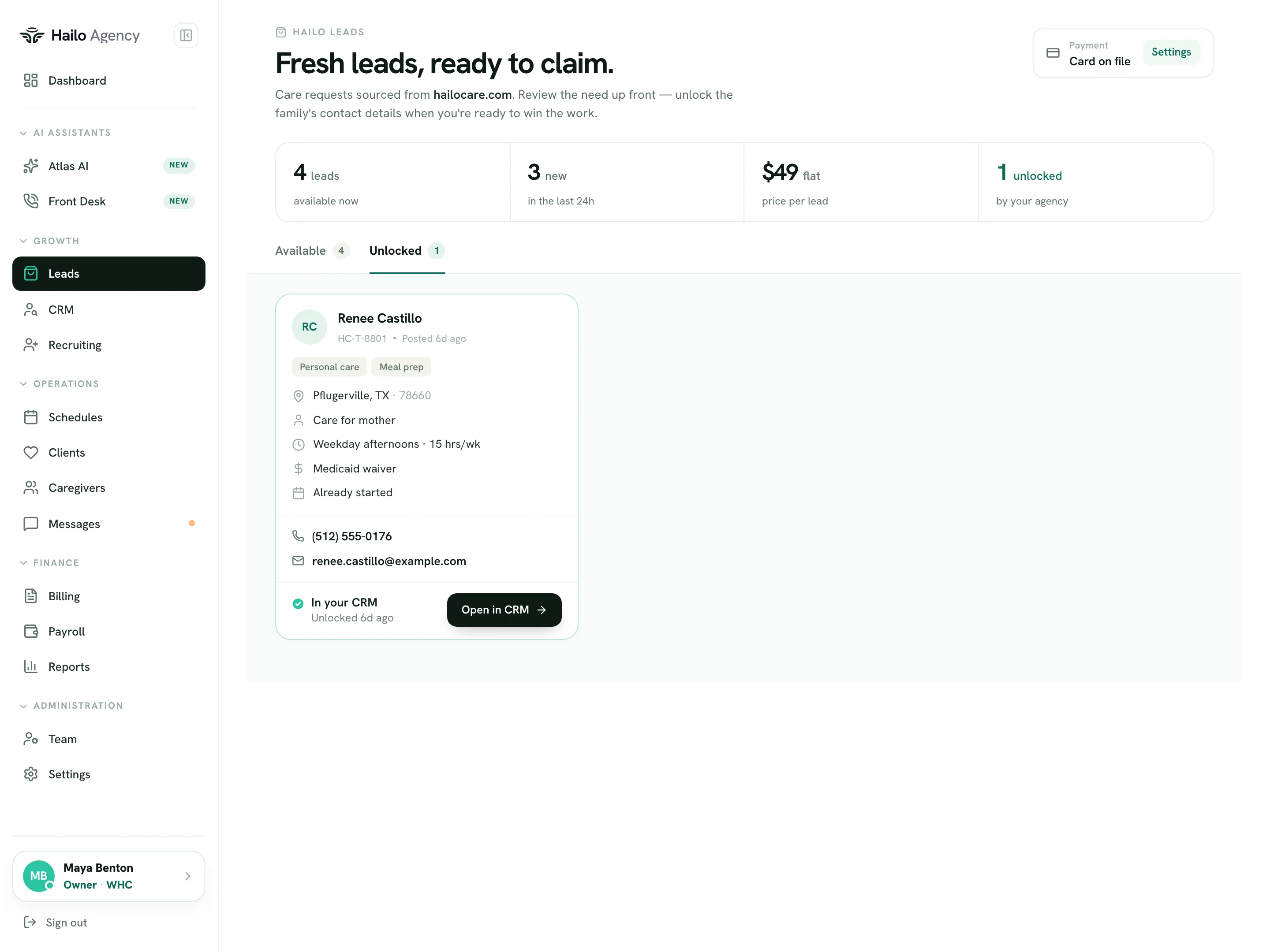Hailo Leads unlocked tab showing leads the agency has taken on, ready for the CRM